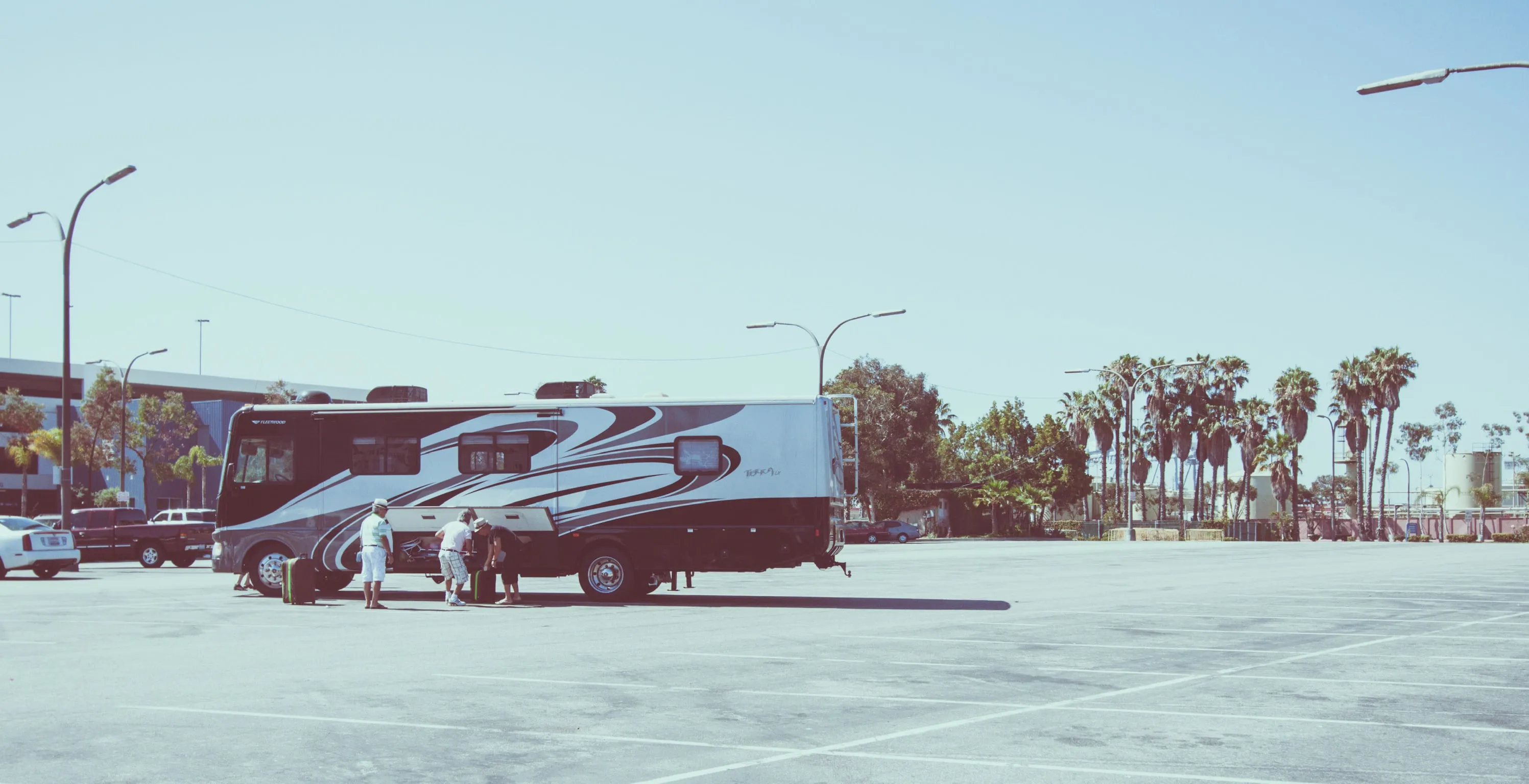 Red trucks parked on a wide roadside lot beneath palms and a pale sky.